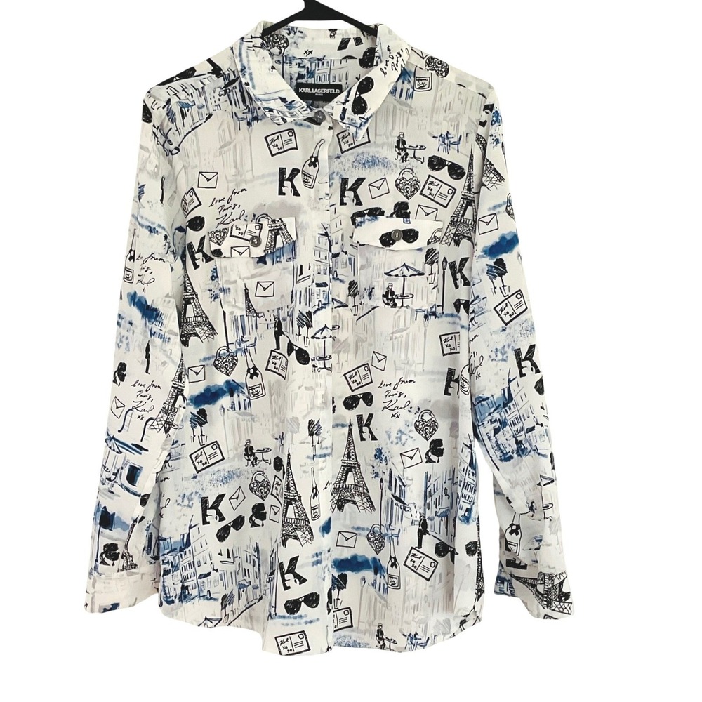 KARL LAGERFELD PARIS women's sheer blouse lightweight button Eiffel Tower large